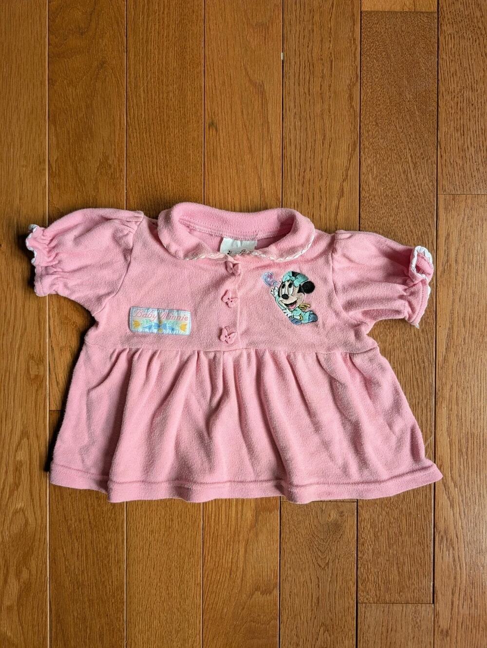 Vintage Baby Mickey & Co Minnie Pink Ruffle Babydoll Polo Top Butterfly Buttons